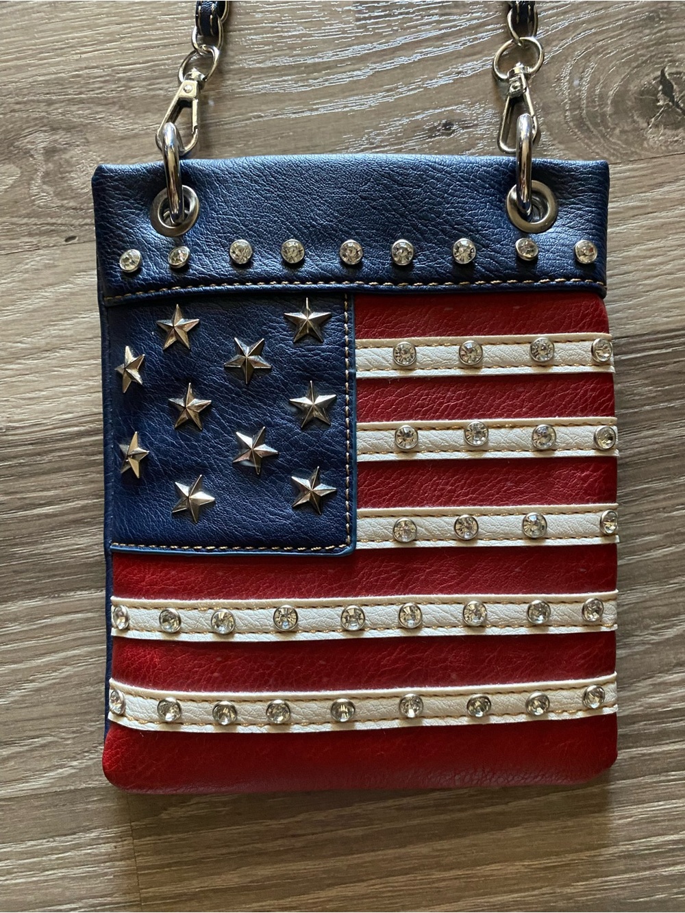 Studded American Flag Leather Crossbody Bag - Red, White & Blue